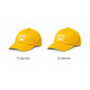 A yellow sports baseball cap with a logo, available in 5 panels and 6 panels styles.