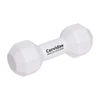 A white dumbbell-shaped stress reliever with rounded ends and a logo in the centre.