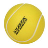 A yellow tennis-shaped stress reliever with a textured surface and a logo. Ideal for stress relief in a fun design.
