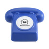 A blue phone-shaped stress reliever with a circular white center featuring a logo. Perfect for fun and games.