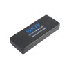 A black rectangular stress reliever designed to resemble a remote control, featuring a logo.