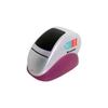 A stress reliever shaped like a stapler, featuring a purple base and a silver top, with a logo on the side.