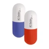 Capsule-shaped stress relievers in red and blue, featuring a logo on the surface.
