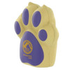 A yellow and purple dog paw shaped stress reliever with a logo on the front.