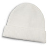 A white beanie with a ribbed texture and a folded cuff, featuring a logo.