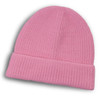 A pink brushed kids beanie with a folded cuff and a textured finish, featuring a logo.