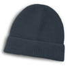 A dark grey brushed beanie for kids with a rolled cuff and a textured design. It has a logo on it.