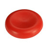 A red stress reliever shaped like a cell, with a smooth, rounded surface. It features a logo on one side.
