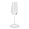 A clear glass champagne flute with a slender stem and wide base. It features a logo on the glass.