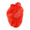 A red heart-shaped stress reliever with a logo and text on its surface, designed as a keyring accessory.