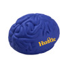 A blue brain-shaped stress reliever with textured detailing and a logo in yellow.