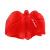 A red lung-shaped stress reliever in a soft, flexible material with a logo.