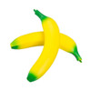 A yellow banana-shaped stress reliever with green tips, featuring a branding logo.