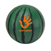 A green watermelon-shaped stress reliever with black stripes and a logo in orange.