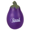 A purple eggplant-shaped stress reliever with a green top and a logo.
