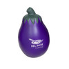 A purple eggplant-shaped stress reliever with a green stem and a logo on it.