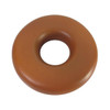 A brown donut-shaped stress reliever with a smooth texture and a central hole, featuring a logo.