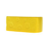 A yellow cheese-shaped stress reliever with a smooth surface and raised dots, designed for fun and stress relief.