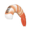 A shrimp-shaped stress reliever in orange and white with a logo. Ideal for fun and games.