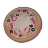 A pizza-shaped stress reliever in brown, featuring toppings like pepperoni, olives, and mushrooms. It has a logo.