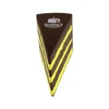 A chocolate cake-shaped stress reliever in brown with yellow stripes and a logo on top.