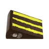 A brown and yellow chocolate cake shape stress reliever with a textured surface and a logo.