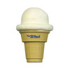 An ice cream-shaped stress reliever in white and yellow, featuring a logo on the cone.