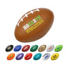 A rugby-shaped stress reliever in brown, featuring a text logo and various other miniature stress relievers below it.