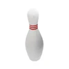 A white bowling pin-shaped stress reliever with red stripes, designed for fun and relaxation.