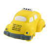 A yellow taxi-shaped stress reliever with grey accents and a logo on the side.