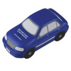 A blue sedan car-shaped stress reliever with a logo on the side, designed for fun and stress relief.