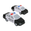 A police car-shaped stress reliever in black and white, featuring a light bar and a logo.
