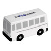 A white bus-shaped stress reliever with black wheels and a logo on the side.