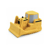 A yellow bulldozer-shaped stress reliever with black details and a textured surface. It features a logo on the side.