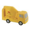 A yellow cement mixer car-shaped stress reliever with black wheels, featuring a logo on the side.