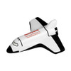 A shuttle-shaped stress reliever in white and black, featuring a logo on its side.