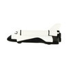 A shuttle-shaped stress reliever in white and black, designed for fun and relaxation. Features a logo.