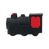 A black and red locomotive-shaped stress reliever with textured wheels and a simple design.