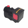 A black locomotive-shaped stress reliever with red details and a logo on the side.