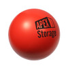 A round red stress ball shaped like a baseball, featuring a logo on one side.