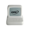 A white computer-shaped stress reliever featuring a branding logo on the screen and keyboard design.