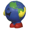 A blue and green stress ball shaped like Earth, featuring a smiling face and yellow hands, with red feet.