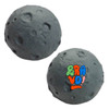 A grey moon-shaped stress reliever with textured details, featuring a colourful logo on one side.