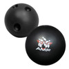 A black bowling ball-shaped stress reliever featuring a logo. Smooth surface with three finger holes.