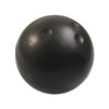 A black bowling ball-shaped stress reliever with a smooth surface and raised thumb holes. Features a logo.