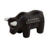 A black bull-shaped stress reliever with white horns and a logo on the side.