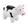 A white and black cow-shaped stress reliever with a design on its back, featuring a small logo.