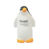 A penguin-shaped stress reliever in black and white with an orange beak and feet, featuring a logo.