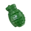 A green grenade-shaped stress reliever with a logo, featuring a textured design for grip.