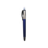A blue ball pen with a highlighter tip and a stylus end, featuring a silver metal clip and accents.